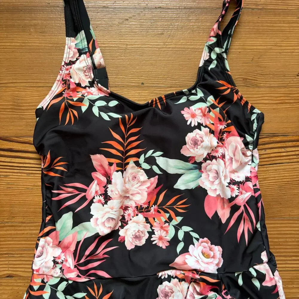 NWT Shein black pink floral one piece skirt adjustable swimsuit‎ SIZE M